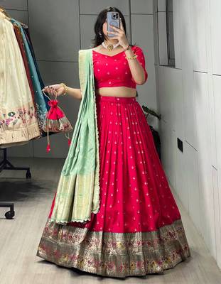Pista Green Color Zari Weaving Work Paithani Silk Lehenga Choli With Unstitched Blouse 2