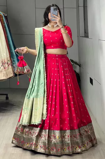 Pista Green Color Zari Weaving Work Paithani Silk Lehenga Choli With Unstitched Blouse