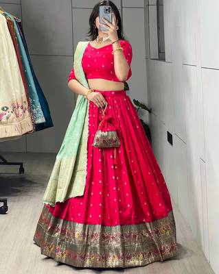 Pista Green Color Zari Weaving Work Paithani Silk Lehenga Choli With Unstitched Blouse 3