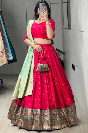 Pista Green Color Zari Weaving Work Paithani Silk Lehenga Choli With Unstitched Blouse