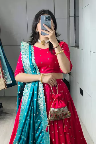 Firozi Color Zari Weaving Work Paithani Silk Lehenga Choli With Unstitched Blouse