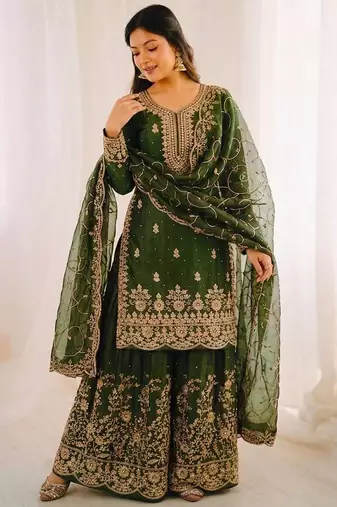 Green color gymmi silk embroidery work wedding wear sharara set