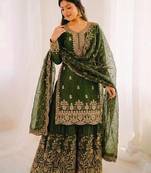 Green color gymmi silk embroidery work wedding wear sharara set
