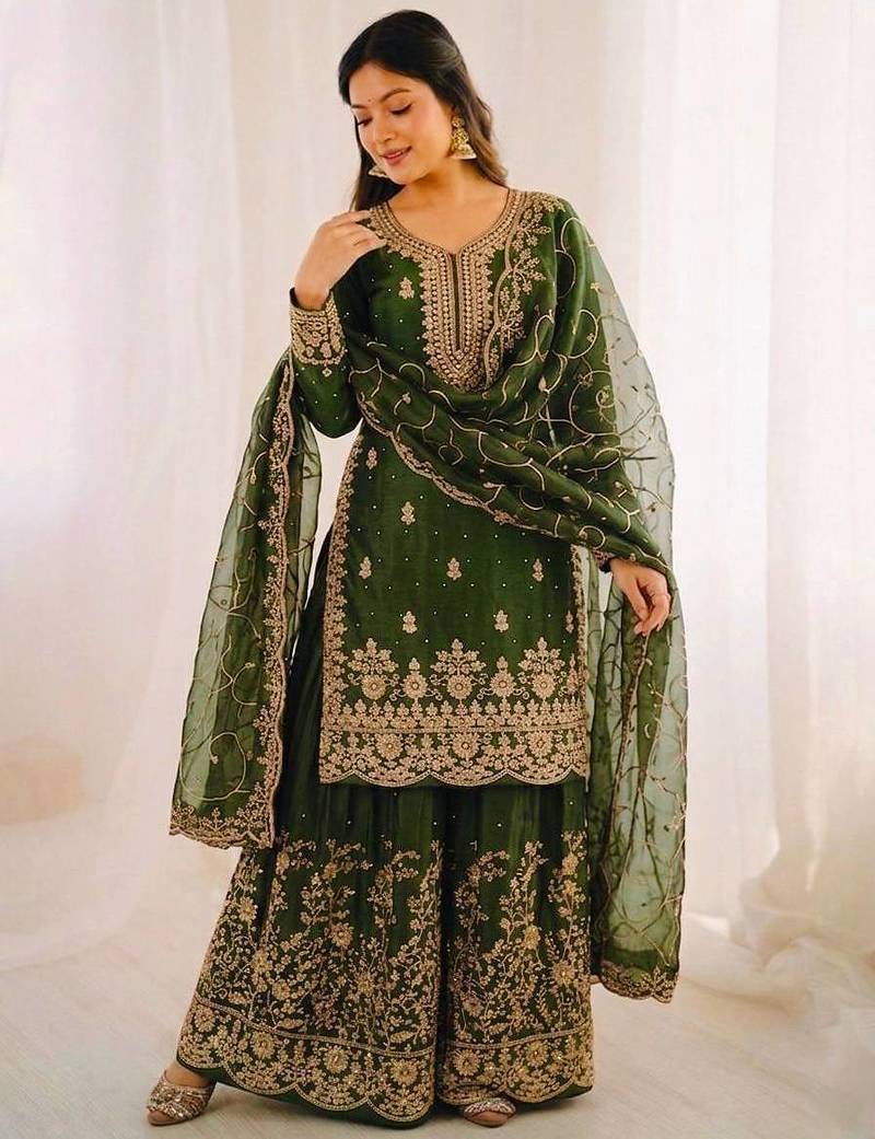 Green color gymmi silk embroidery work wedding wear sharara set