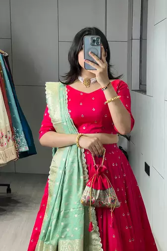 Pista Green Color Zari Weaving Work Paithani Silk Lehenga Choli With Unstitched Blouse