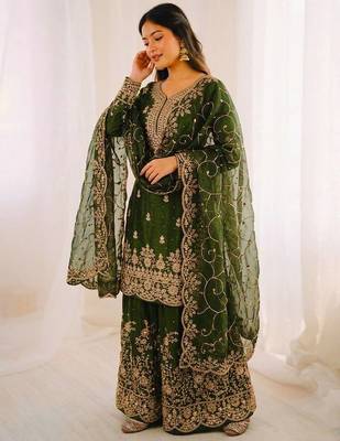 Green color gymmi silk embroidery work wedding wear sharara set 2