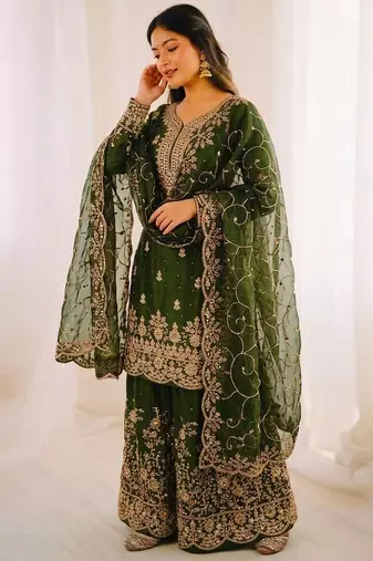 Green color gymmi silk embroidery work wedding wear sharara set