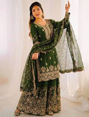 Green color gymmi silk embroidery work wedding wear sharara set 3