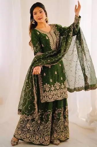 Green color gymmi silk embroidery work wedding wear sharara set