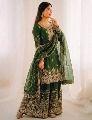 Green color gymmi silk embroidery work wedding wear sharara set 4