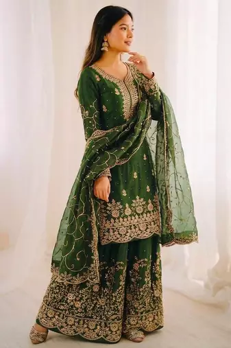 Green color gymmi silk embroidery work wedding wear sharara set