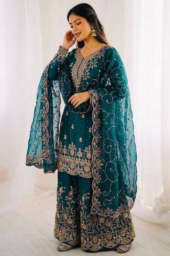 Morepich color gymmi silk embroidery work wedding wear sharara set