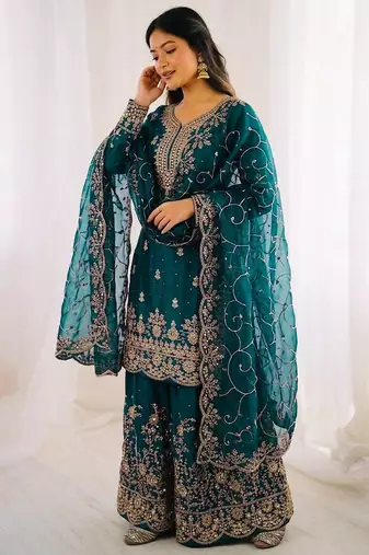Morepich color gymmi silk embroidery work wedding wear sharara set