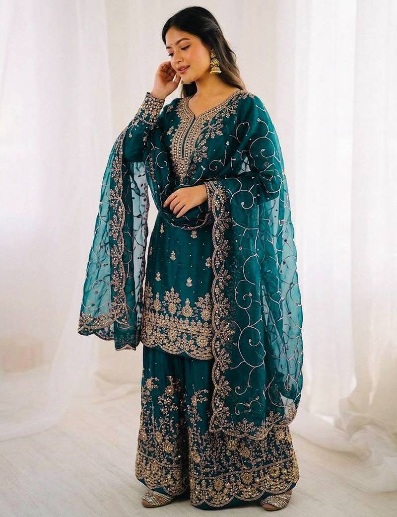 Morepich color gymmi silk embroidery work wedding wear sharara set