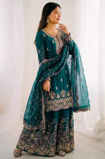 Morepich color gymmi silk embroidery work wedding wear sharara set