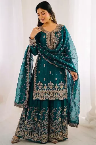 Morepich color gymmi silk embroidery work wedding wear sharara set