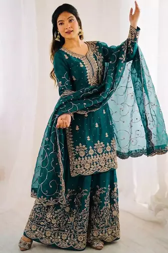 Morepich color gymmi silk embroidery work wedding wear sharara set