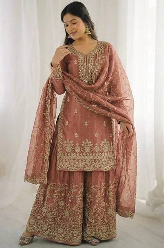 Peach color gymmi silk embroidery work wedding wear sharara set