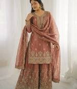 Peach color gymmi silk embroidery work wedding wear sharara set