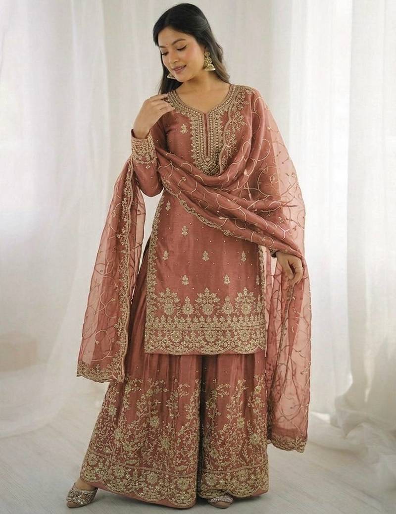 Peach color gymmi silk embroidery work wedding wear sharara set