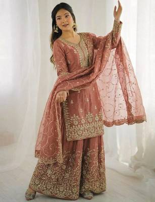 Peach color gymmi silk embroidery work wedding wear sharara set 2