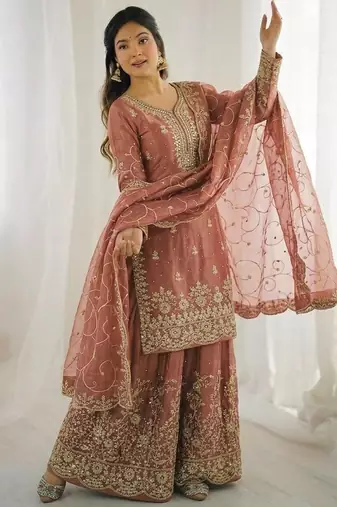 Peach color gymmi silk embroidery work wedding wear sharara set