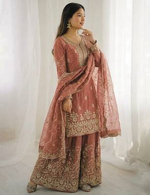 Peach color gymmi silk embroidery work wedding wear sharara set 3