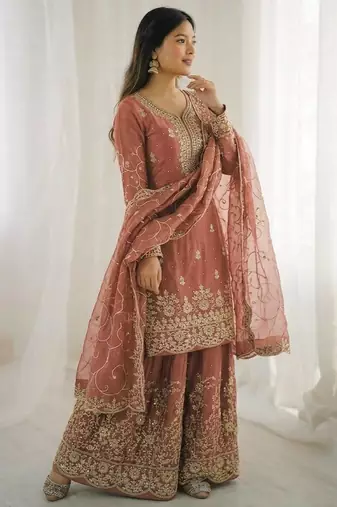 Peach color gymmi silk embroidery work wedding wear sharara set