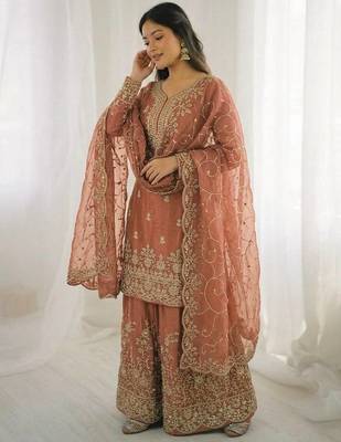 Peach color gymmi silk embroidery work wedding wear sharara set 4