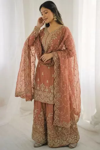 Peach color gymmi silk embroidery work wedding wear sharara set