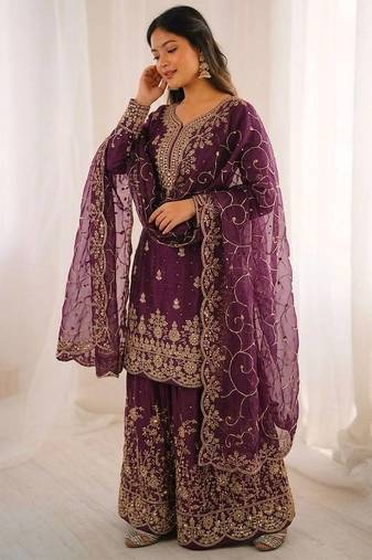 Wine color gymmi silk embroidery work wedding wear sharara set