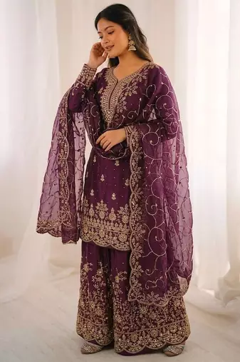 Wine color gymmi silk embroidery work wedding wear sharara set