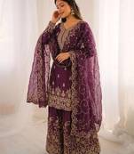 Wine color gymmi silk embroidery work wedding wear sharara set