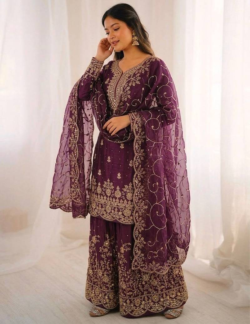 Wine color gymmi silk embroidery work wedding wear sharara set