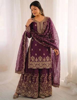 Wine color gymmi silk embroidery work wedding wear sharara set 2