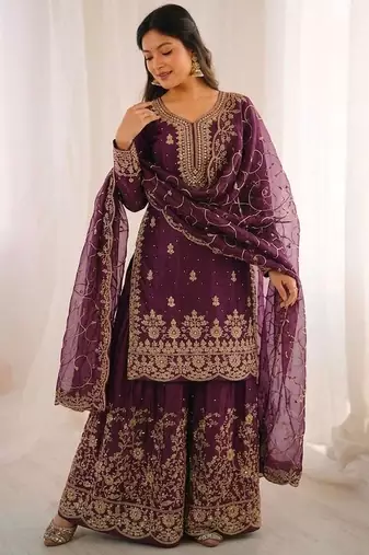 Wine color gymmi silk embroidery work wedding wear sharara set