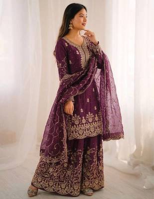 Wine color gymmi silk embroidery work wedding wear sharara set 3