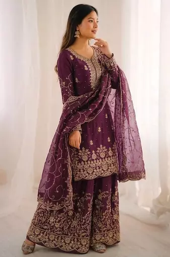 Wine color gymmi silk embroidery work wedding wear sharara set