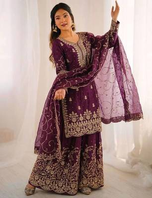 Wine color gymmi silk embroidery work wedding wear sharara set 4
