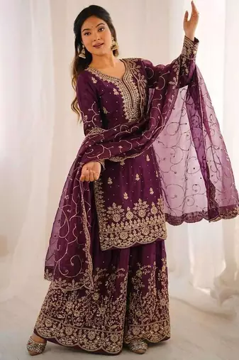 Wine color gymmi silk embroidery work wedding wear sharara set