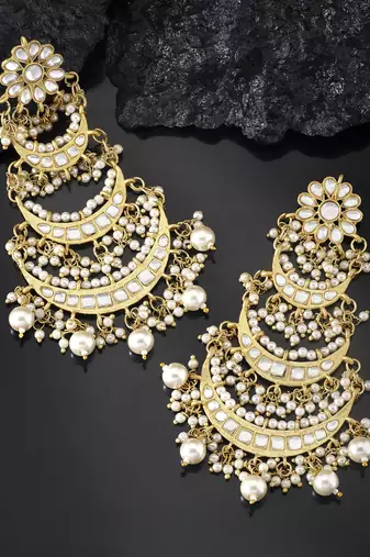 Peora traditional gold plated kundan pearl long dangle earrings for women