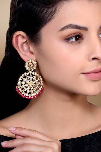 Peora traditional jewellery 18k gold plated brass kundan bead pink chandbali earrings for women