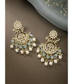 Aheli kundan pearl gold plated floral sky blue chandbali earrings for women long danglers