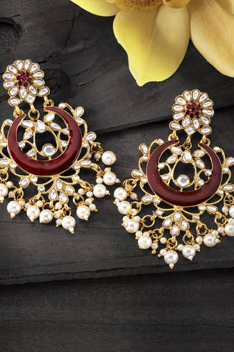 Peora gold plated brass traditional jewellery kundan pearl golden maroon chandbali earrings gift for women girls