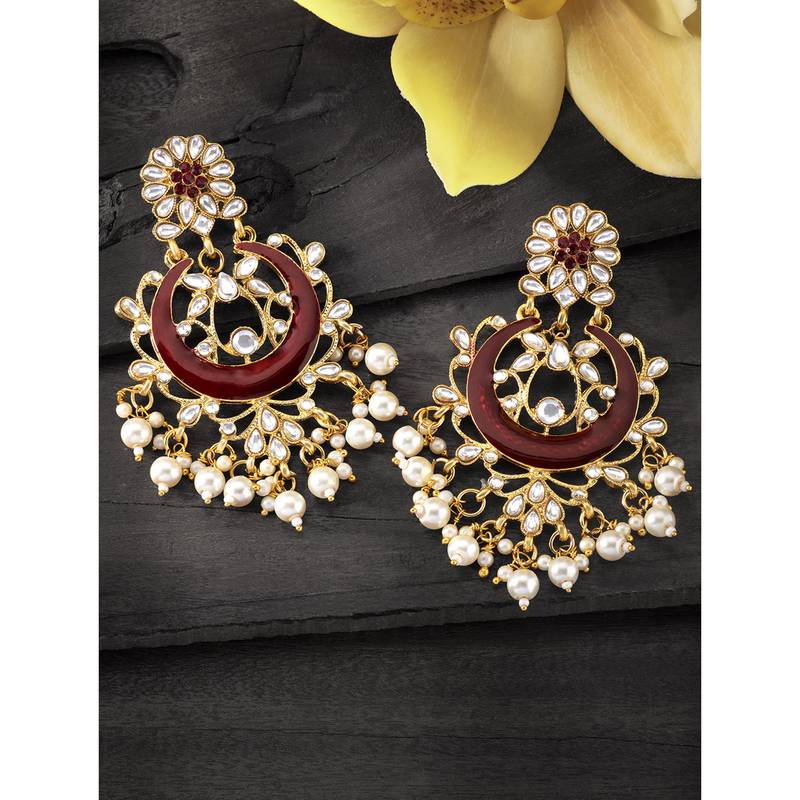 Peora gold plated brass traditional jewellery kundan pearl golden maroon chandbali earrings gift for women girls