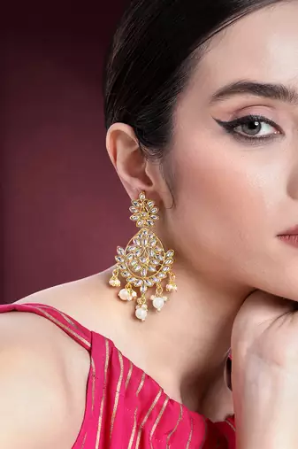 Peora gold plated kundan pearl chandbali earrings for women girls
