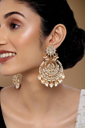 Peora gold plated indian ethnic bridal kundan pearl chandbali earrings fancy fashion traditional jewellery