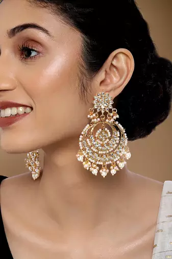 Peora gold plated indian ethnic bridal kundan pearl chandbali earrings fancy fashion traditional jewellery