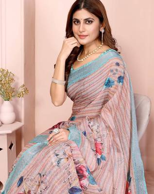 Light peach printed art silk designer pallu saree 4