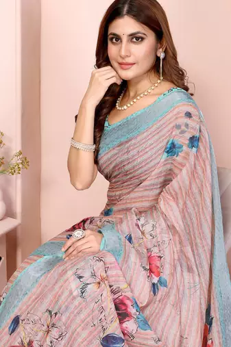 Light peach printed art silk designer pallu saree